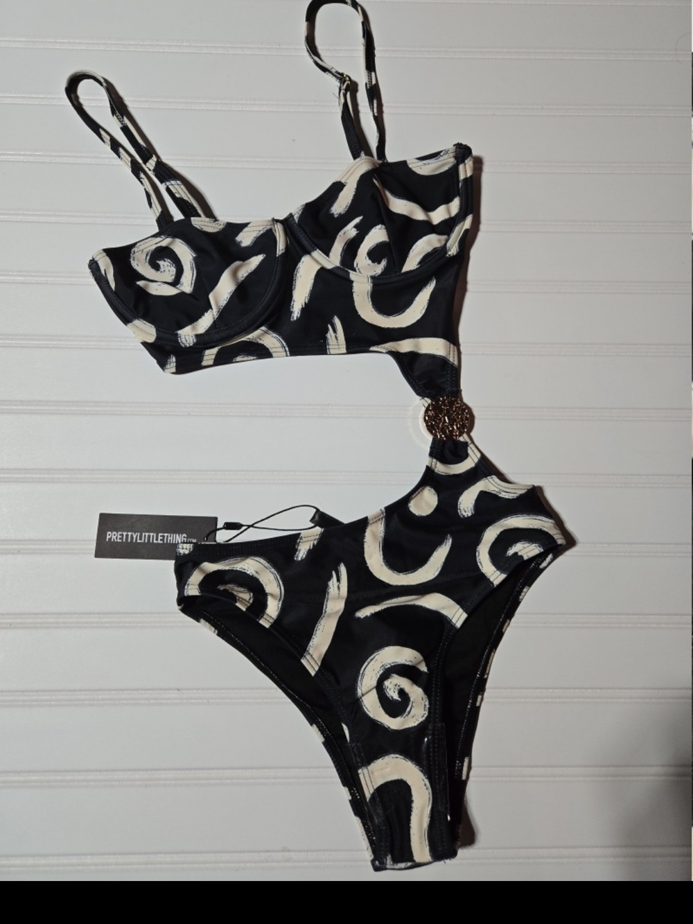 PrettyLittleThing Black & Cream Swirl Cutout One-Piece